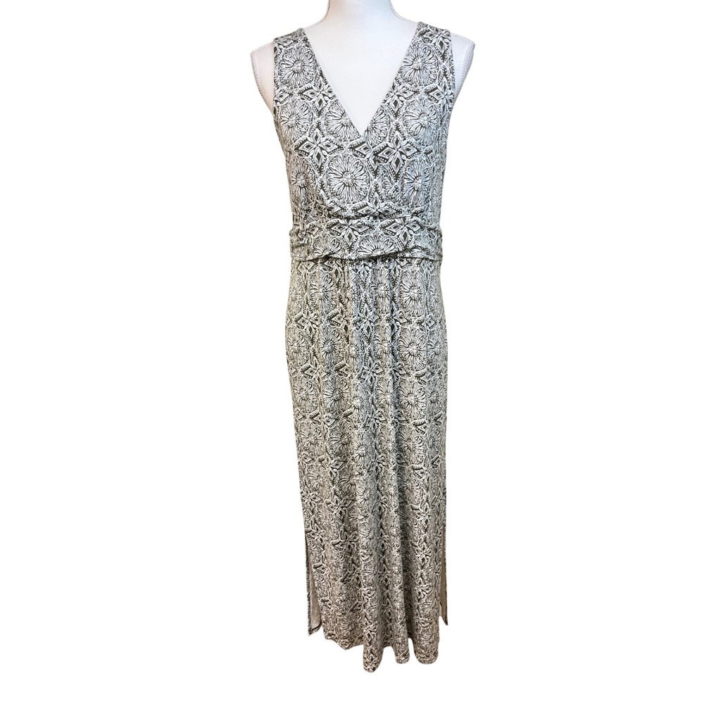 J JILL Maxi Dress Sz M Olive Green Medallion‎ Geometric Sleeveless Boho Casual